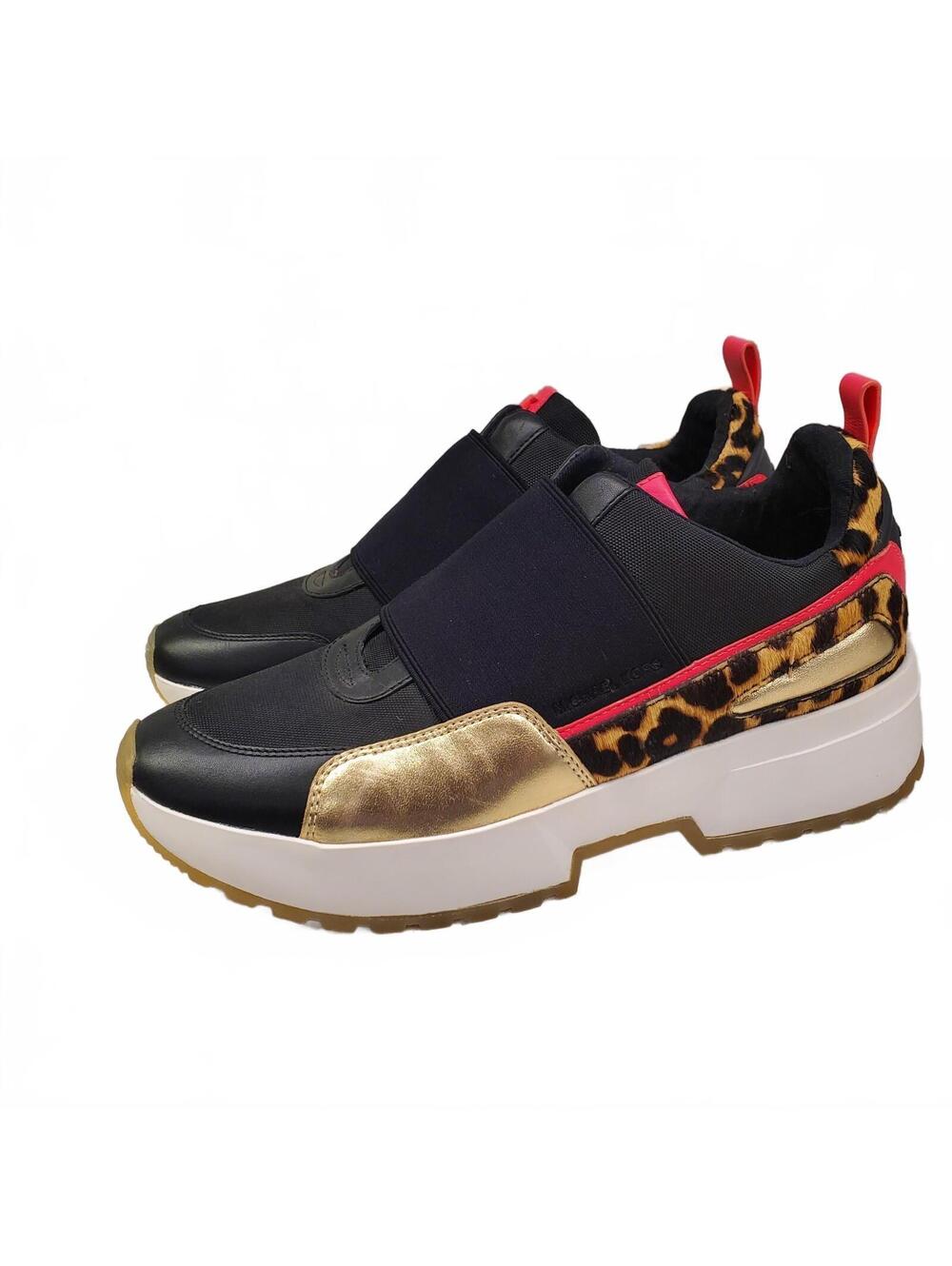 Michael Kors Slip On Platform Sneakers Black Gold Leopard Print Size 9